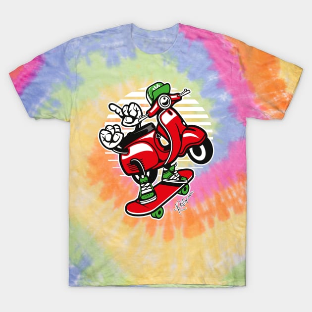 Red Scooter Skater Skateboarder T-Shirt by RuftupDesigns